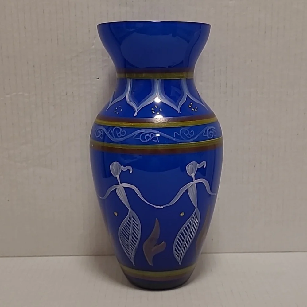 Vintage Colbalt Blue Handpainted Glass Vase